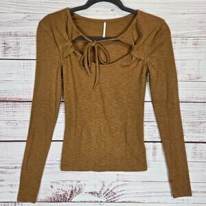 Free People So Many Likes Seamless Knit Top XS Nutmeg Brown Long Sleeve Earthy